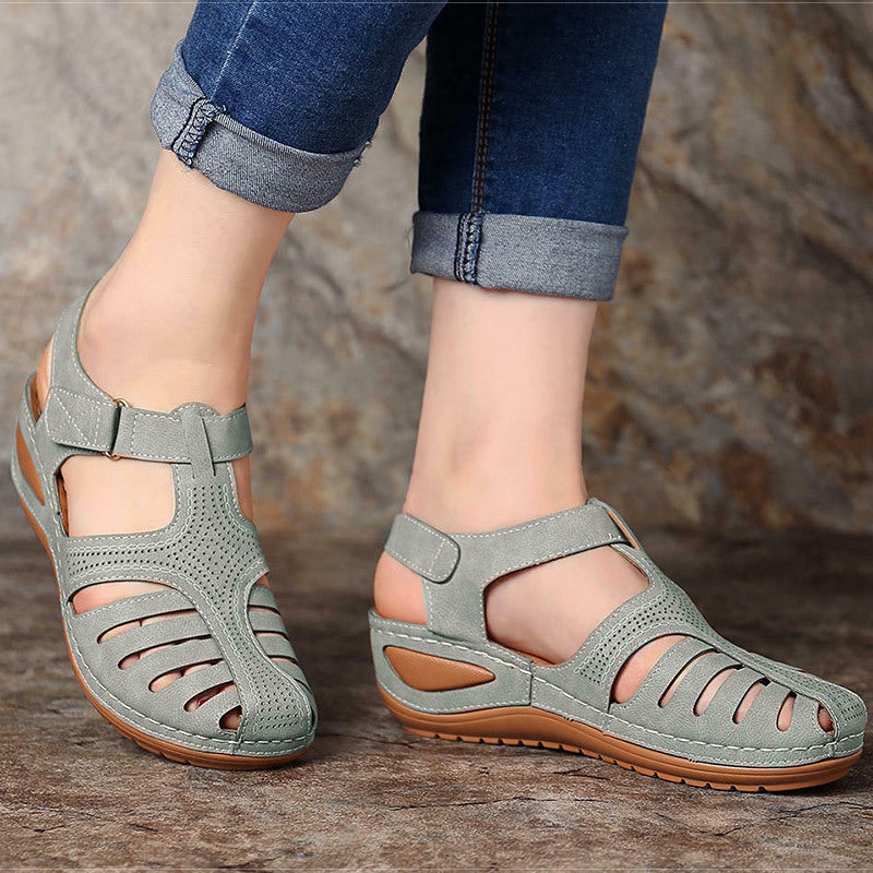 Closed Toe Cut Out Hook and Loop Wedge Sandals