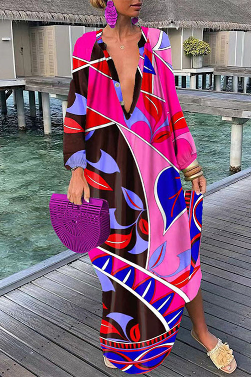 Sexy Print Patchwork V Neck Straight Dresses(8 Colors)