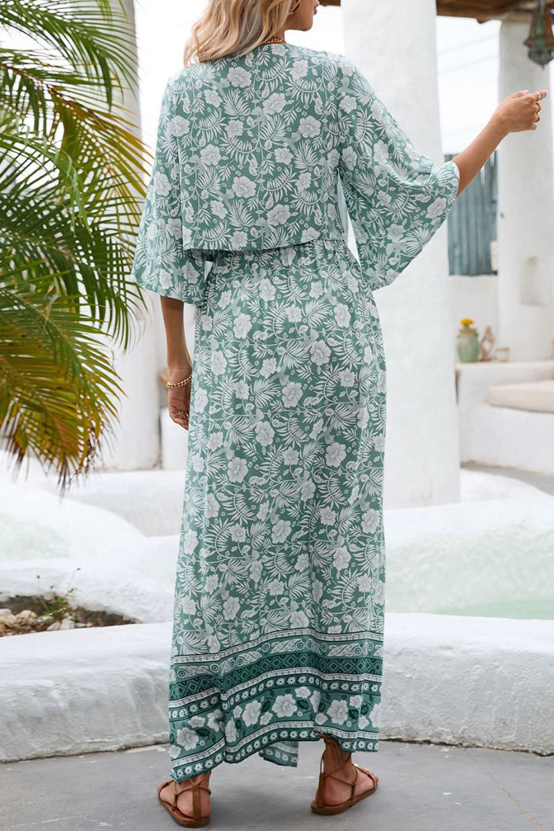 Bohemian Vacation Print Frenulum V Neck Half Sleeve Two Pieces