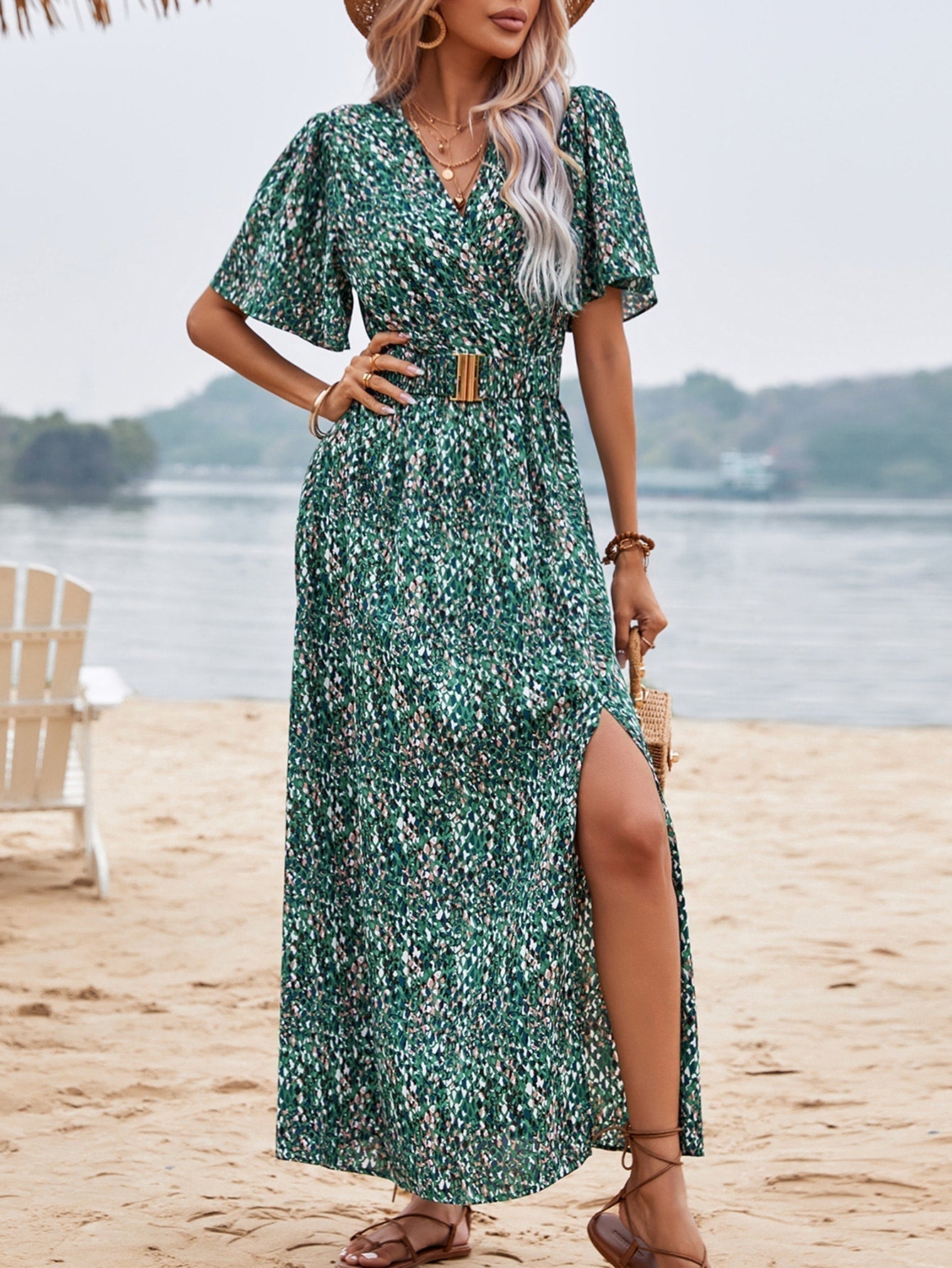 Leopard Print Wrap Flutter Sleeve Belted High Split Maxi Dress