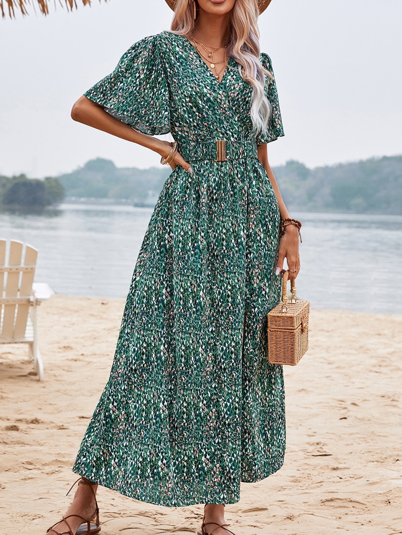 Leopard Print Wrap Flutter Sleeve Belted High Split Maxi Dress