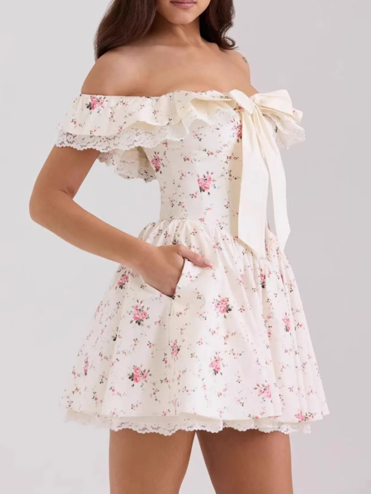Ditsy Floral Off Shoulder Ruffle Lace Trim Bow Front Mini Dress 2