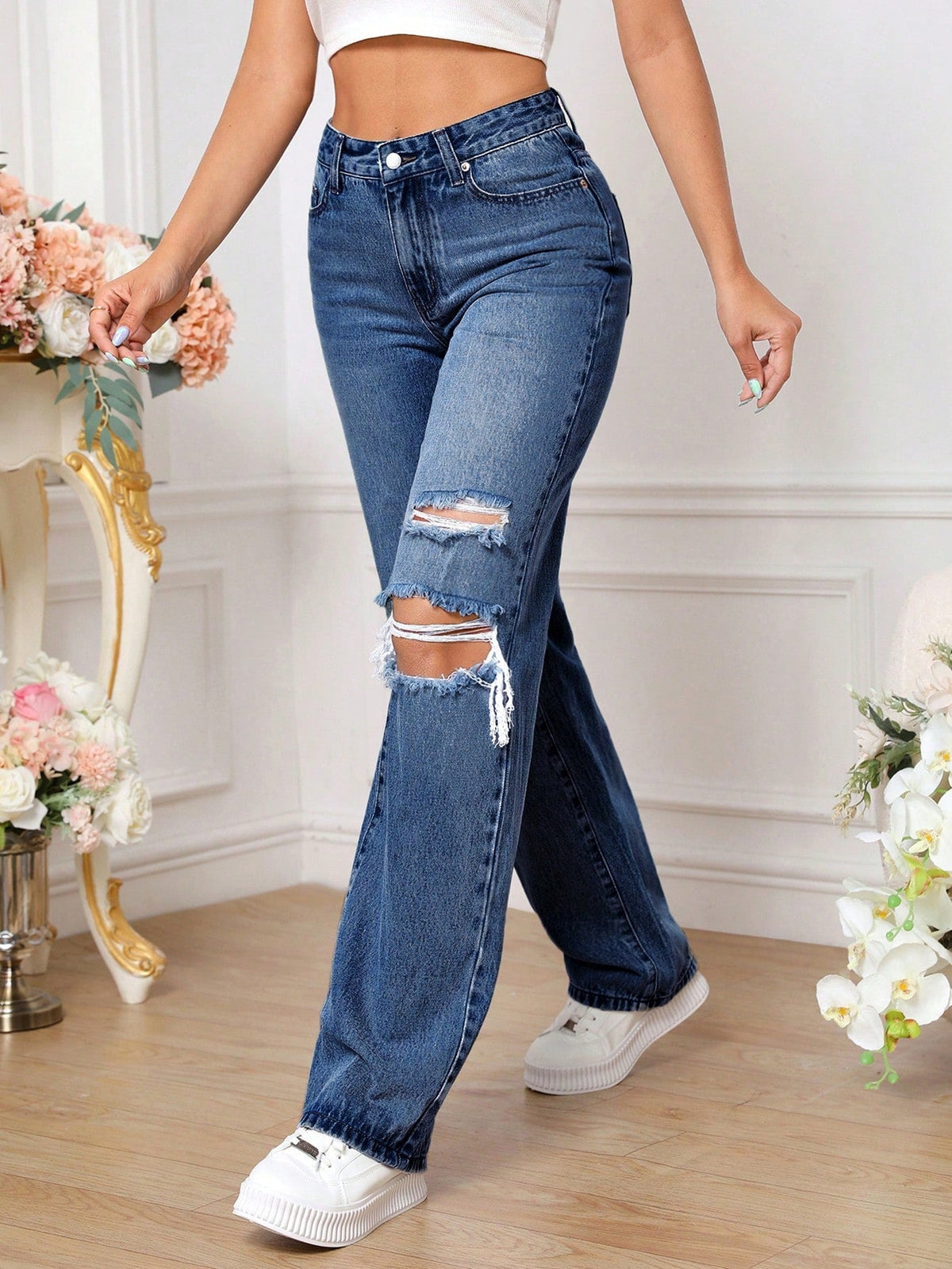 High Waist Ripped Knee Distressed Straight Leg Denim Jeans 6