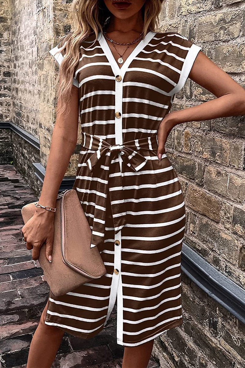 Stripe Ribbed Deep V-Neck Cap Sleeve Button Front Tie Waist Midi Dress