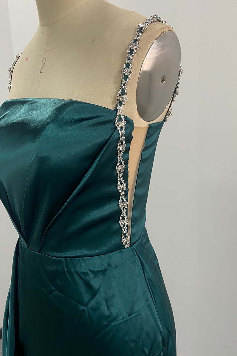 L1807 - Square Neck Beaded Ruched Satin Sheath Prom Evening Gown With Slit
