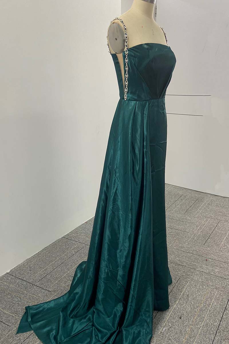 L1807 - Square Neck Beaded Ruched Satin Sheath Prom Evening Gown With Slit