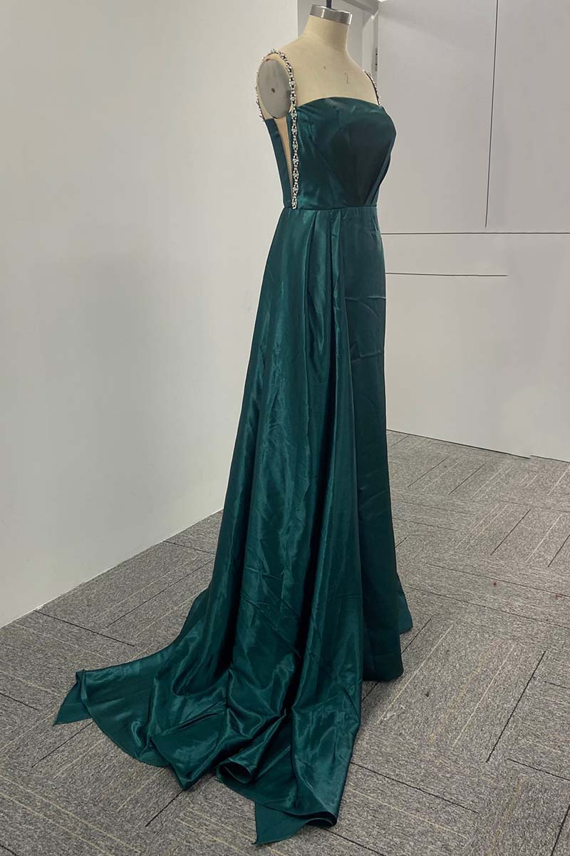 L1807 - Square Neck Beaded Ruched Satin Sheath Prom Evening Gown With Slit