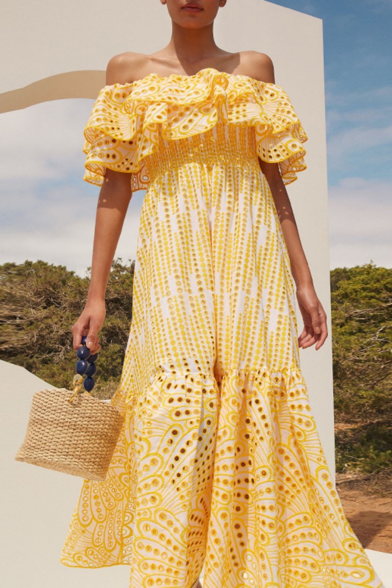 Lace Eyelet Off Shoulder Smocked Tiered Ruffle Maxi Dress