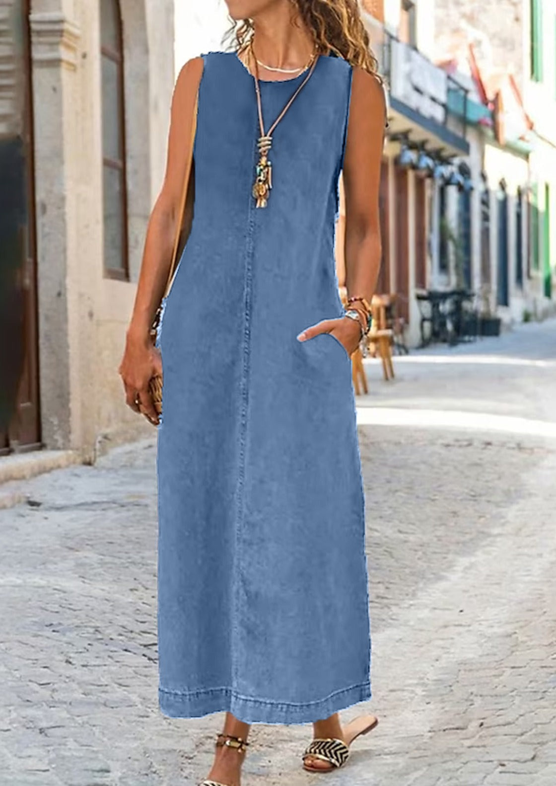 Summer Plain Crew Neck Pocket Long Denim Dress - Omychic