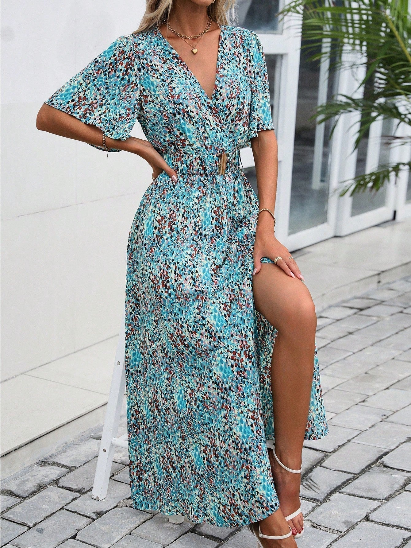 Leopard Print Wrap Flutter Sleeve Belted High Split Maxi Dress