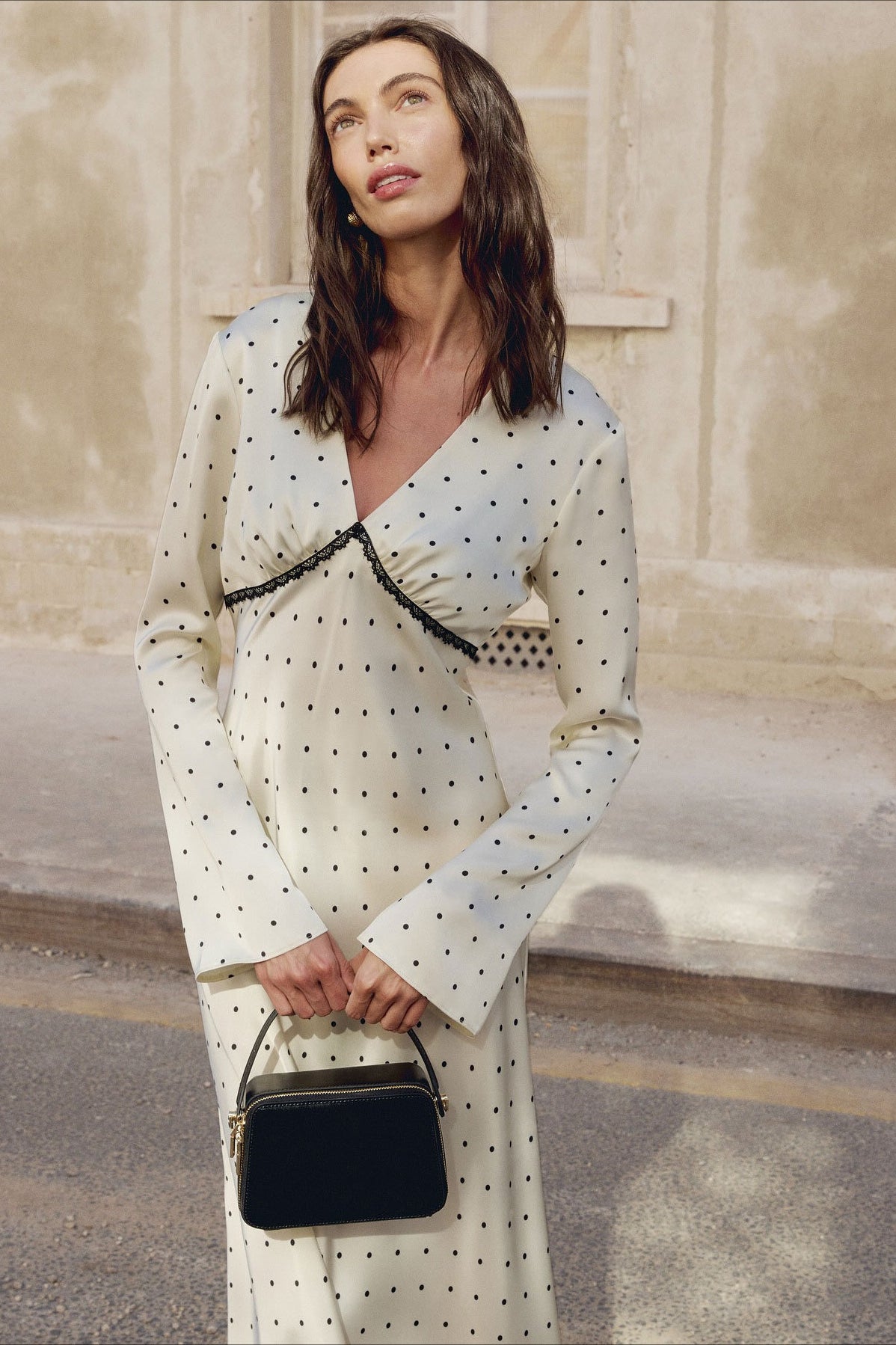 Satin Polka Dot V Neck A Line Midi Dress - View 6
