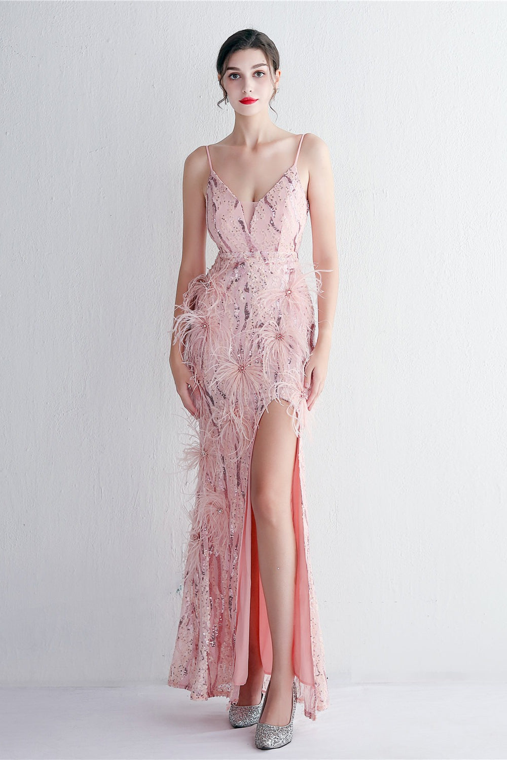 Sequin Deep V-Neck Spaghetti Strap Feather High Split Gown