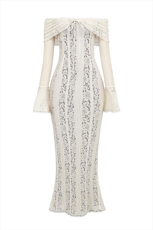 Leila Elevated Off Shoulder Floral Lace Flared Sleeve Fishtail Maxi Dress White Occasion Wear