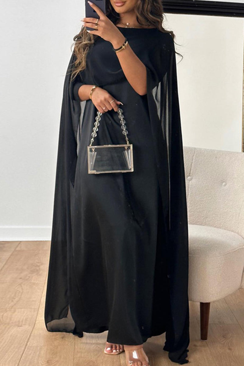 Chiffon Boat Neck Cape Sleeve Overlay Column Maxi Gown