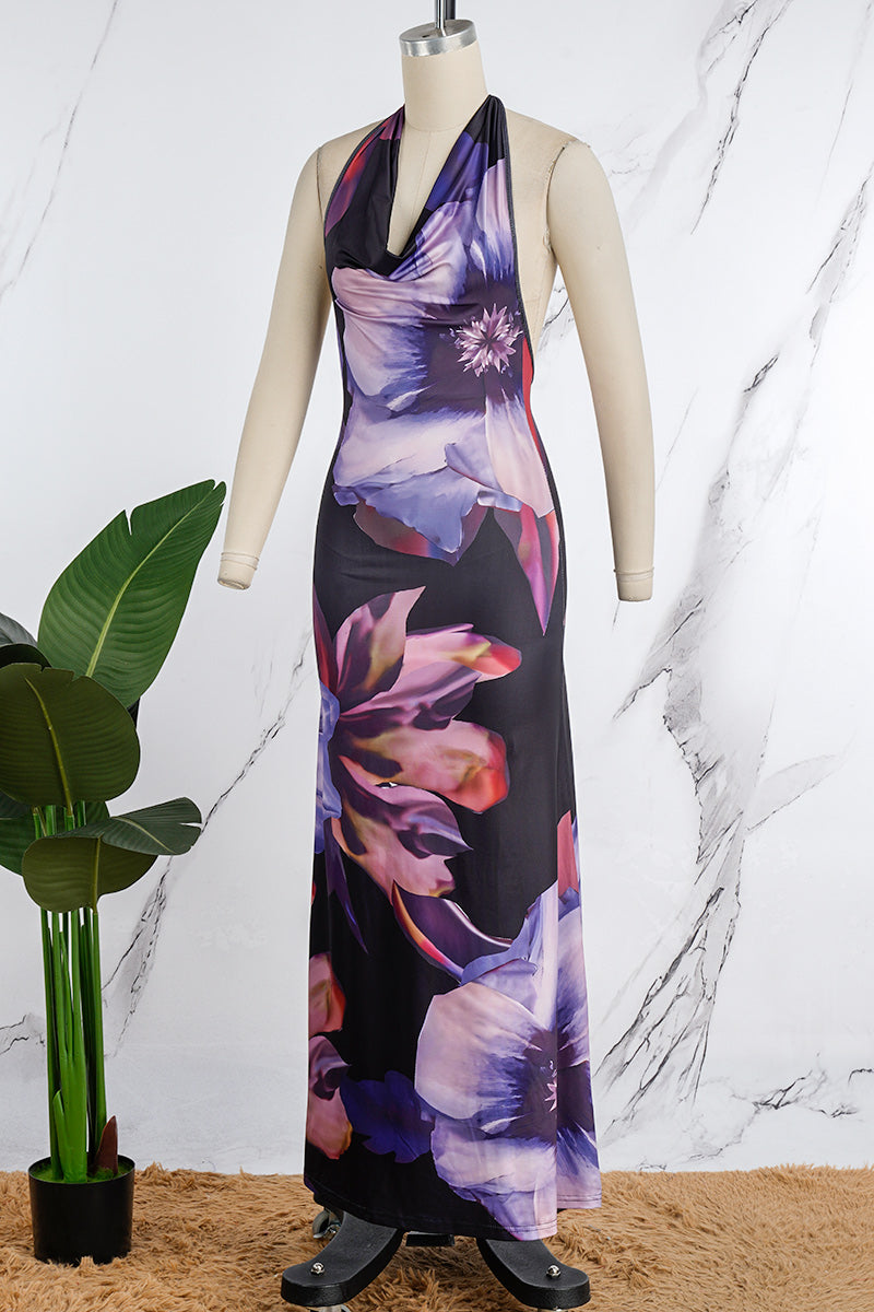 Floral Halter Neck Backless Cowl Maxi Dress