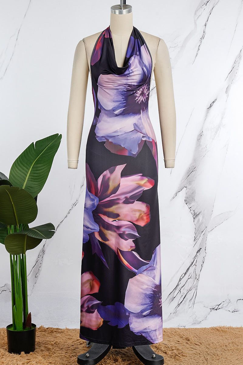 Floral Halter Neck Backless Cowl Maxi Dress