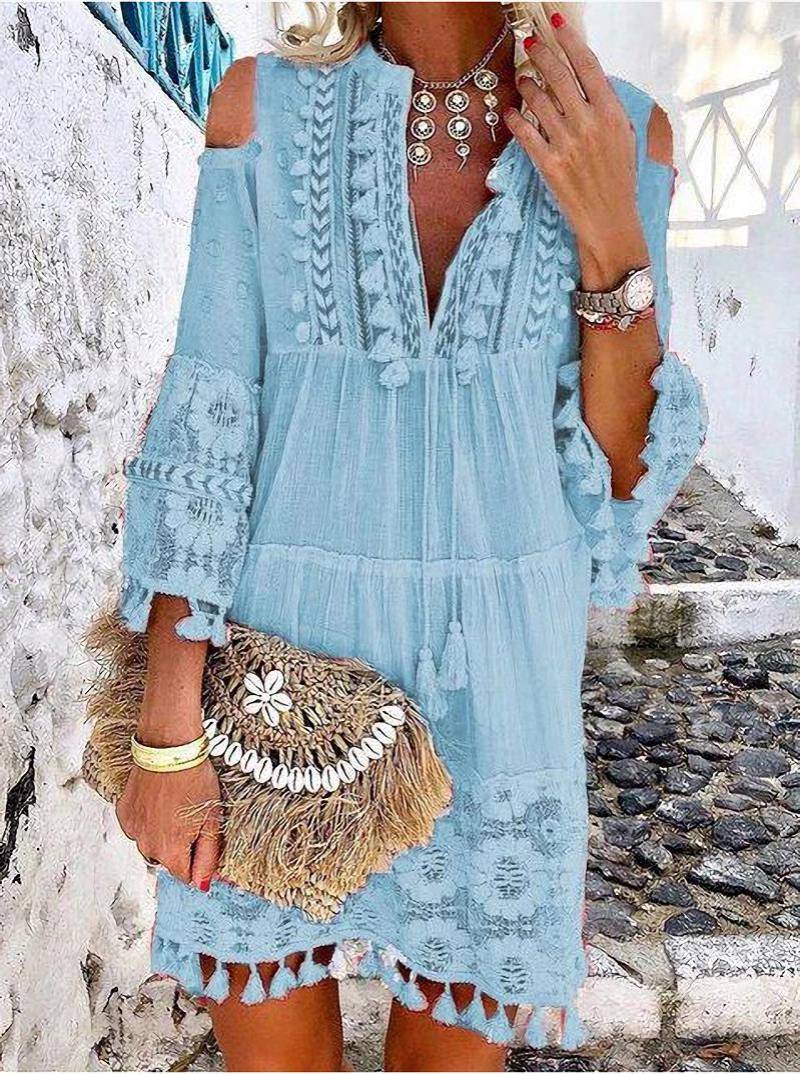 Deep V-Neck Tassel Trim Lace Insert Bell Sleeve Tiered Drawstring Dress