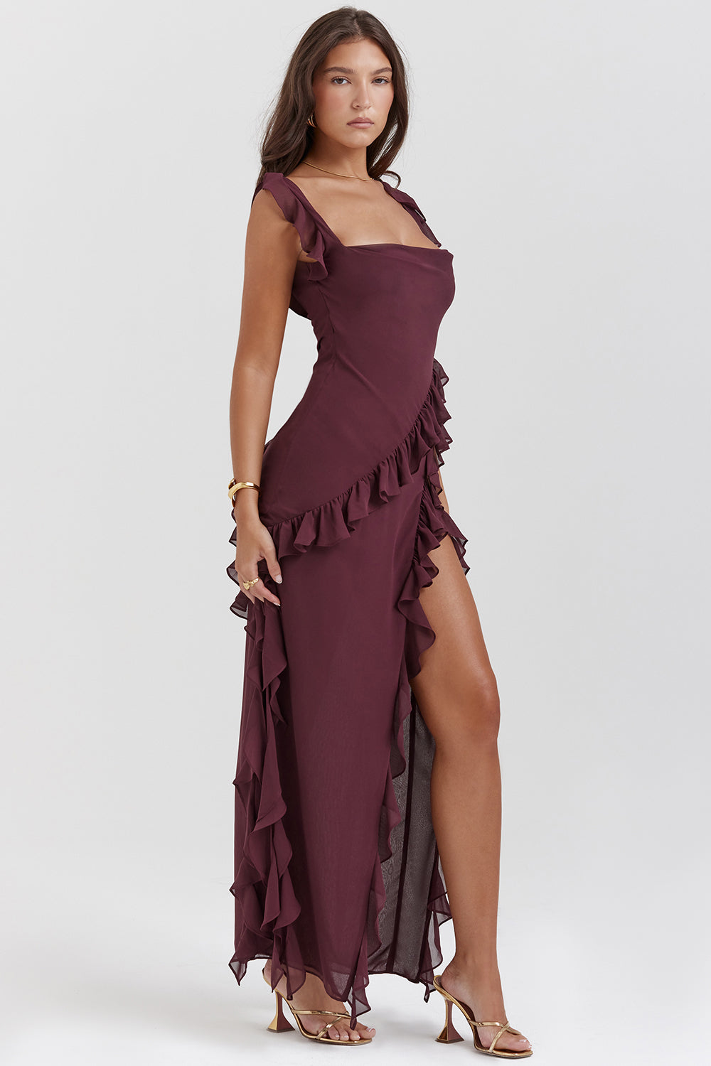 Ruffle Tie Strap High Split Maxi Dress