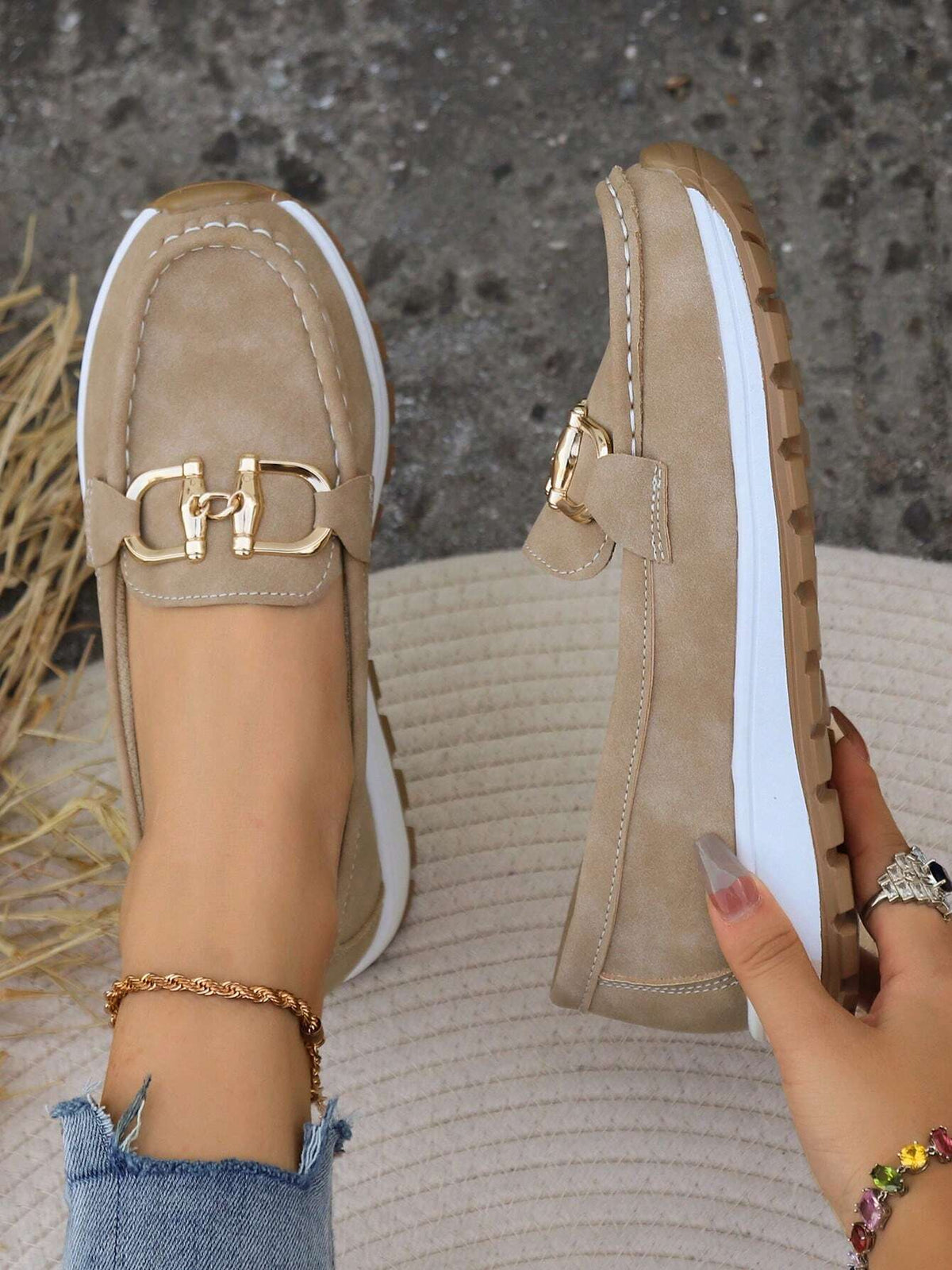 Suede Look Metal Bit Slip On Platform Loafers