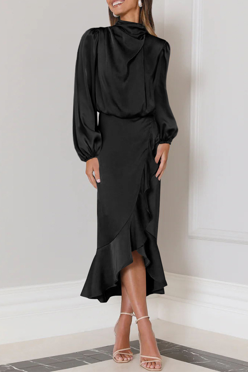 Elevated Angelina Long Sleeved Midi Dress with Ruffles and a High Neck Evening Wear Edit