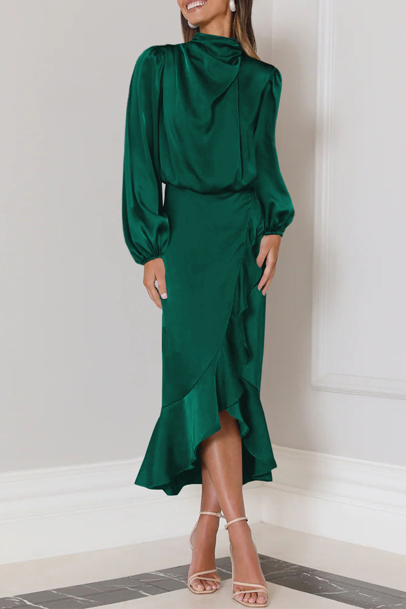 Elevated Angelina Long Sleeved Midi Dress with Ruffles and a High Neck Evening Wear Edit
