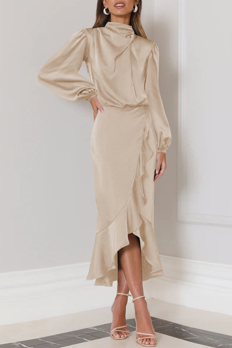 Elevated Angelina Long Sleeved Midi Dress with Ruffles and a High Neck Evening Wear Edit