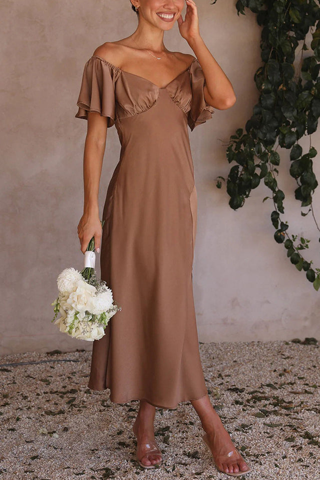 Satin Off Shoulder Puff Sleeve High Split Midi Dress 14