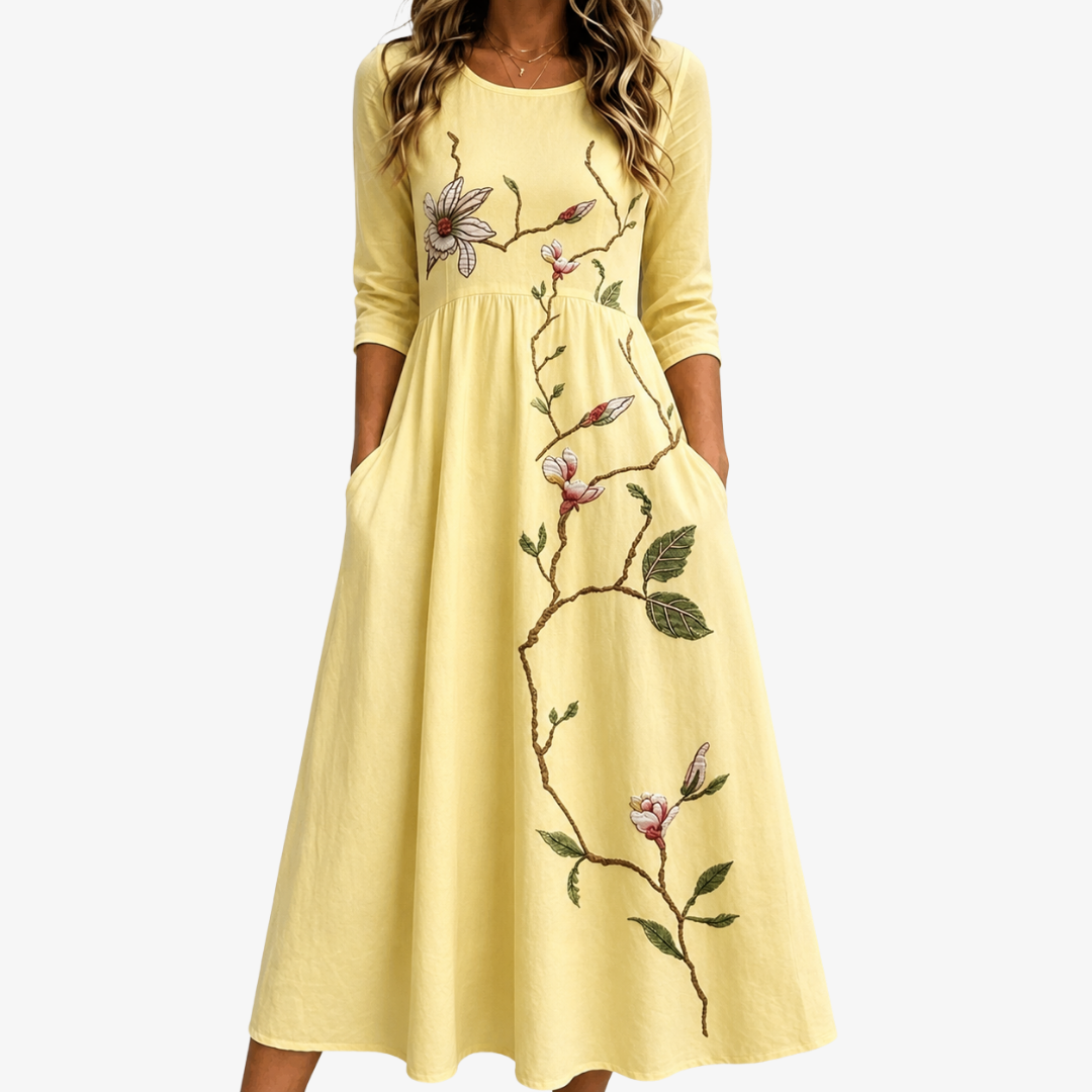 Floral Embroidered Round Neck Pocket Midi Dress