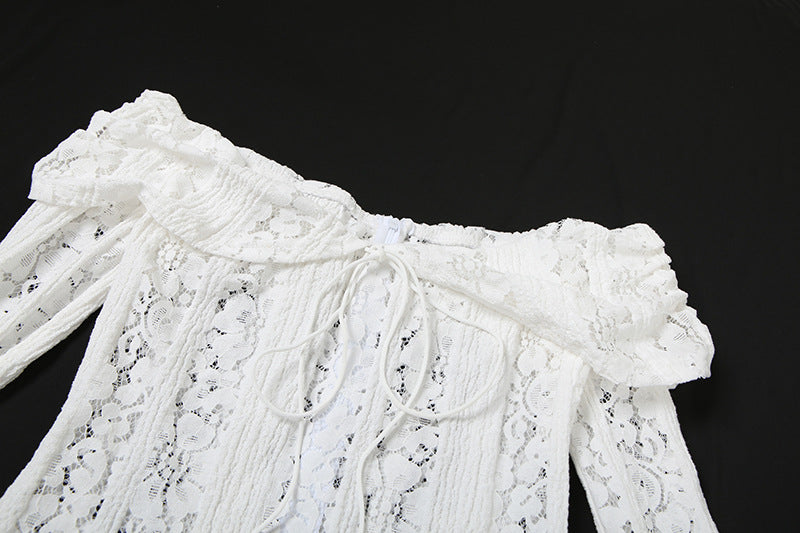 Off Shoulder Lace Bell Sleeve Ribbon Tie Bodycon Mini Dress