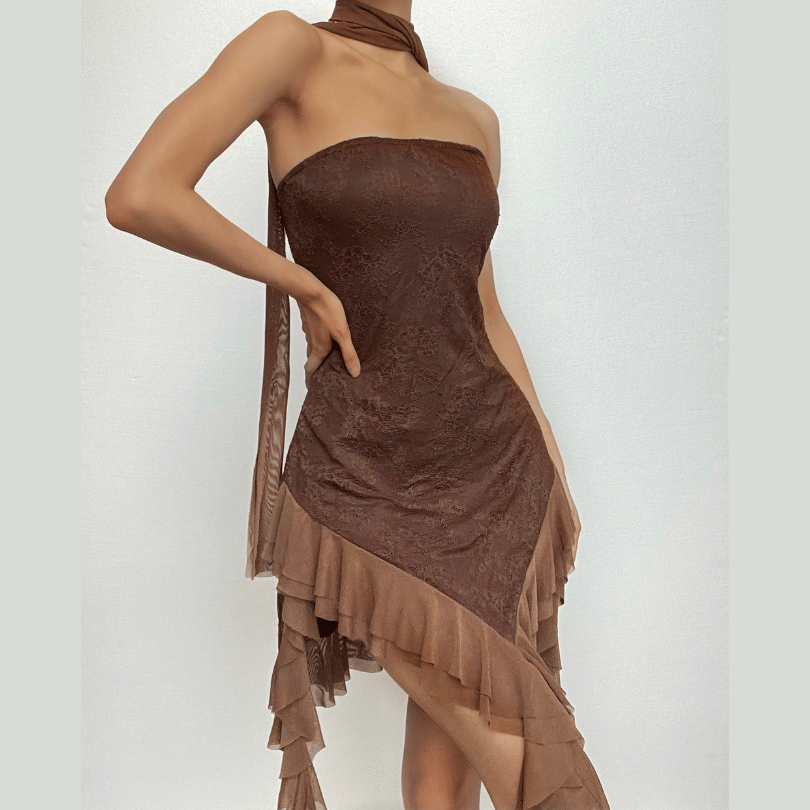 Strapless Lace Mesh Ruffle Asymmetric Hem Mini Dress with Scarf