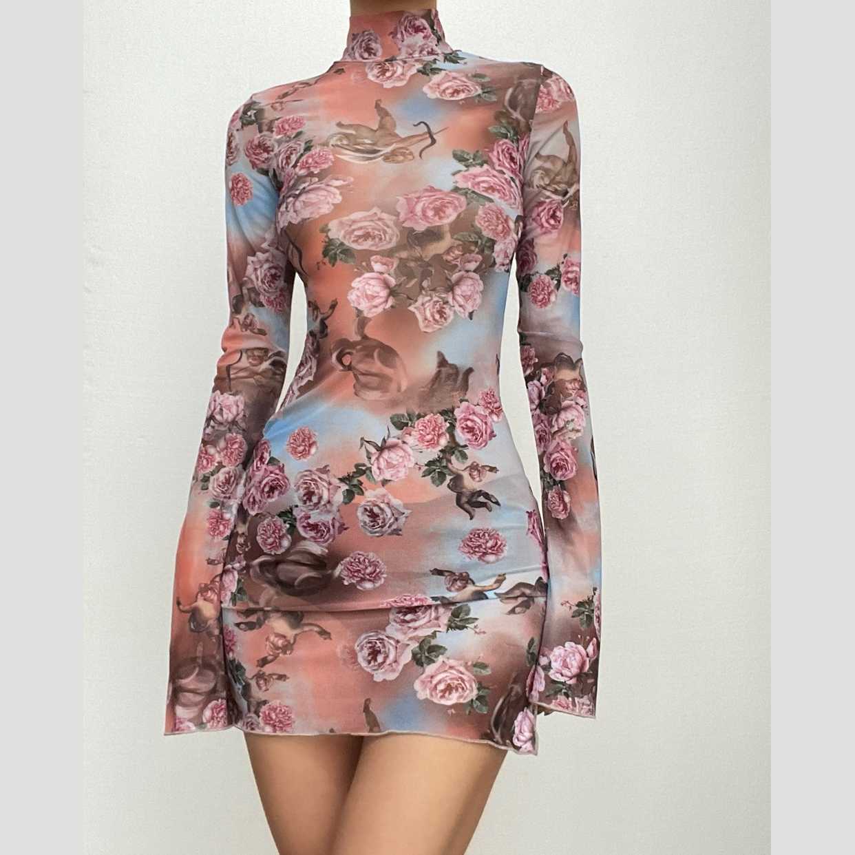 Floral Mesh High Neck Long Sleeve Sheer Bodycon Mini Dress