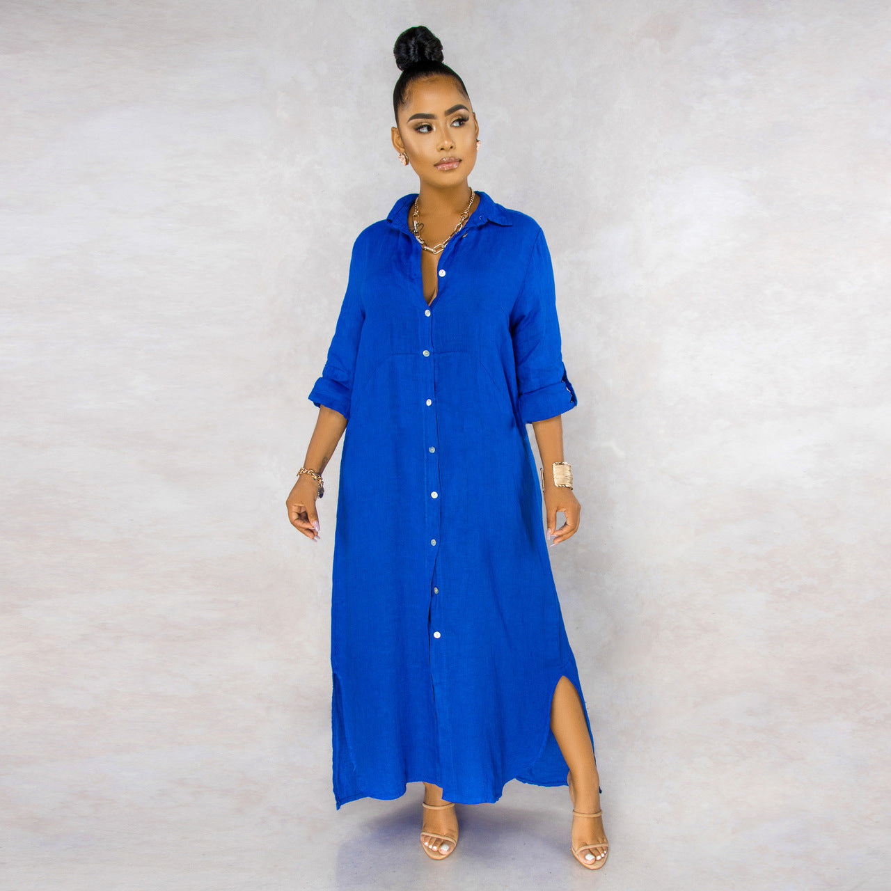 Button Down Collared Roll Tab Sleeve Box Pleat Back Oversized Maxi Shirt Dress