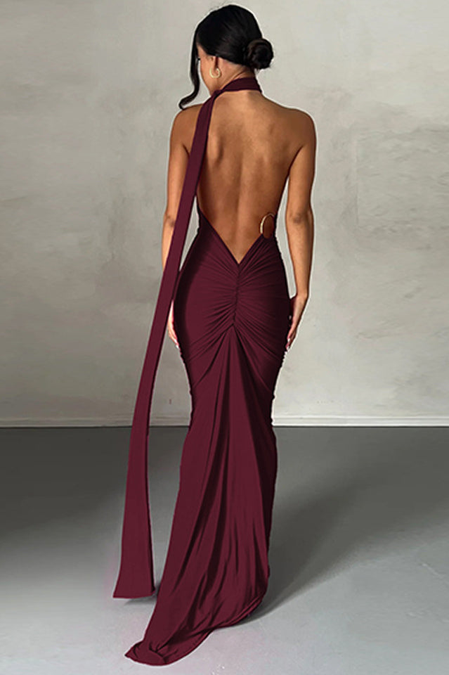 One Shoulder Ruched Open Back Trailing Sash Floor Length Gown