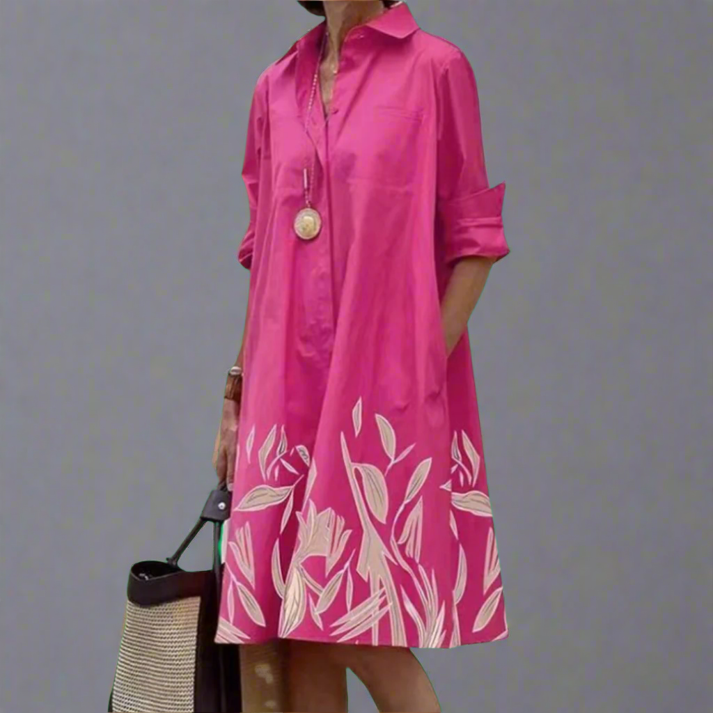 Xyla - Stylish Turn Down Collar Long Sleeve Dress Pink