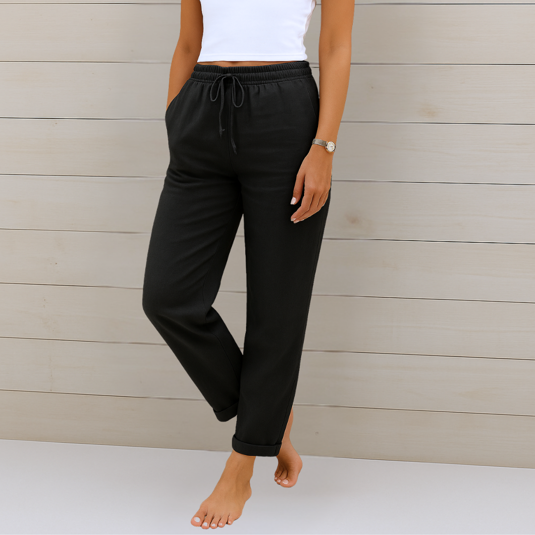 High Waist Drawstring Linen Look Tapered Pants