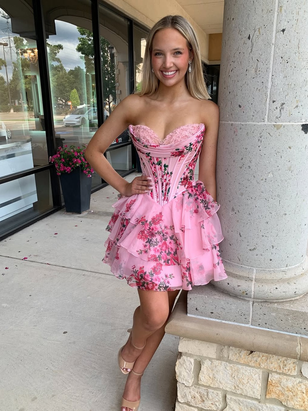 Gorgeous A Line Sweetheart Blue Printed Short Homecoming Dress with Ruffles