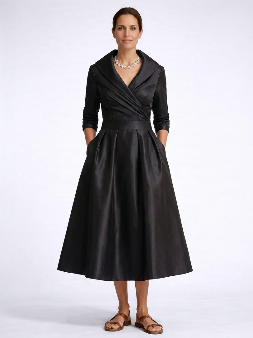 Shawl Collar Wrap Three Quarter Sleeve Fit and Flare Tea Length Dress