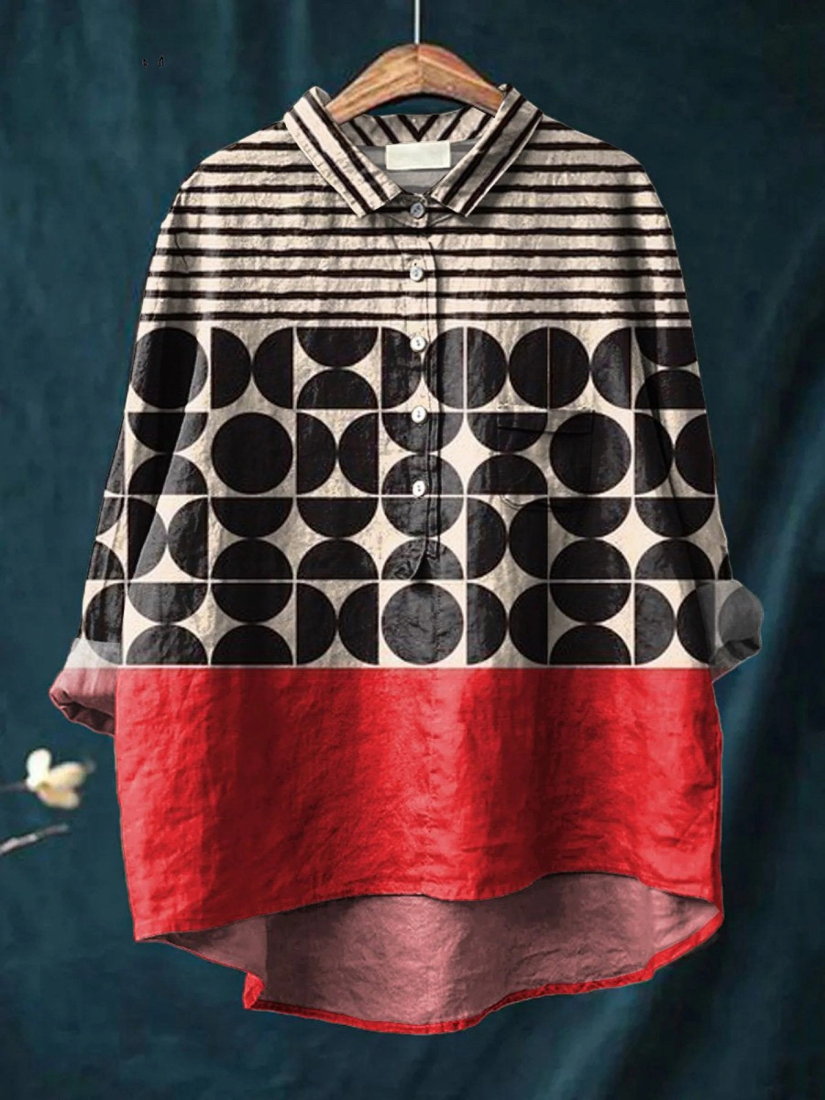 Geometric Stripe Print Collared Button Front Oversized Shirt