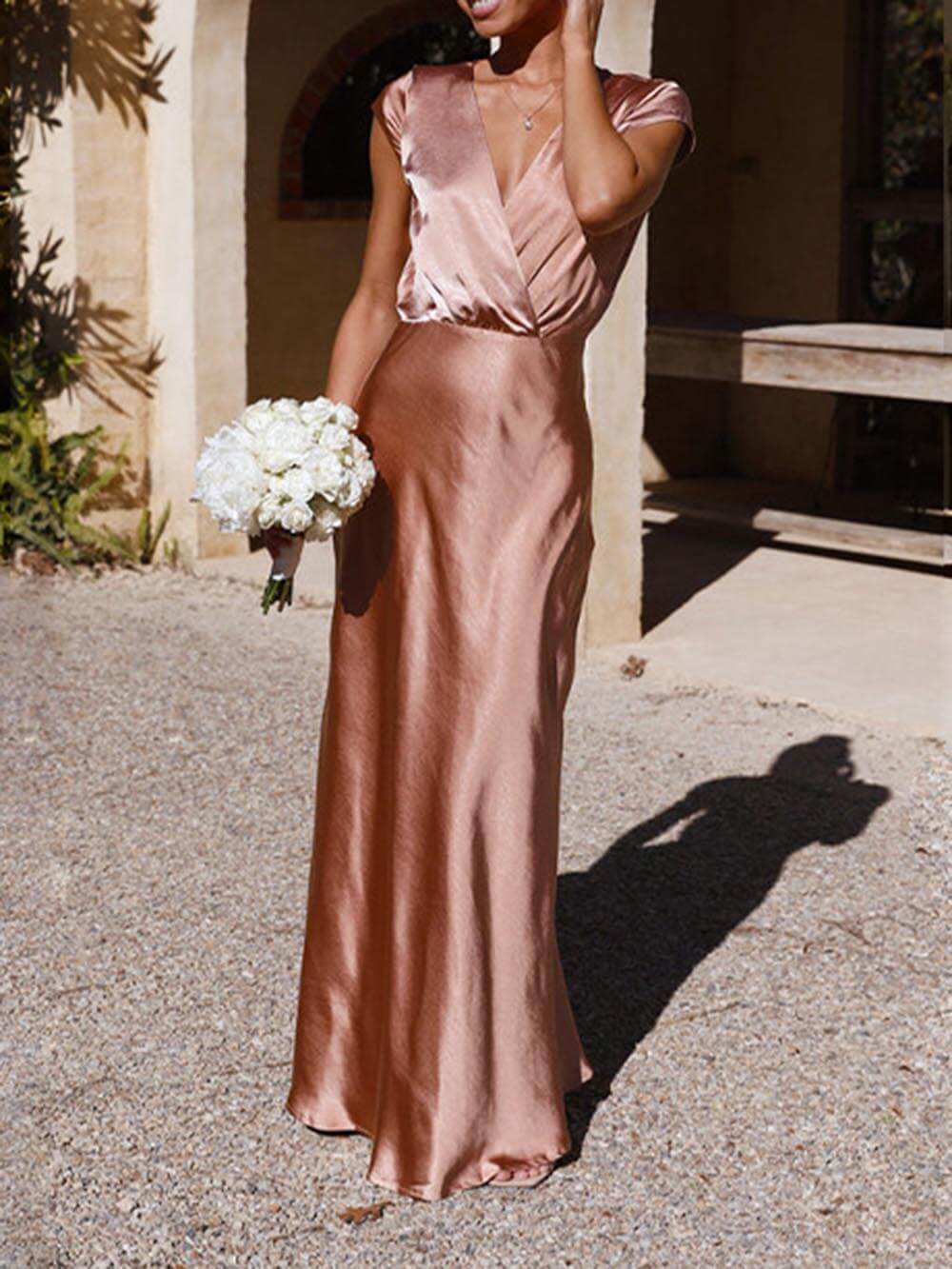Satin Wrap V-Neck Cap Sleeve Mermaid Maxi Party Dress