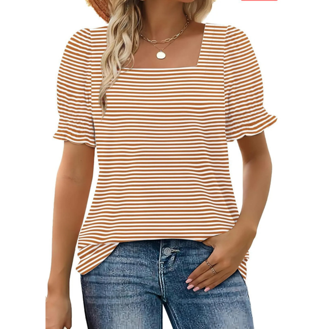 Square Neck Puff Sleeve Striped Top