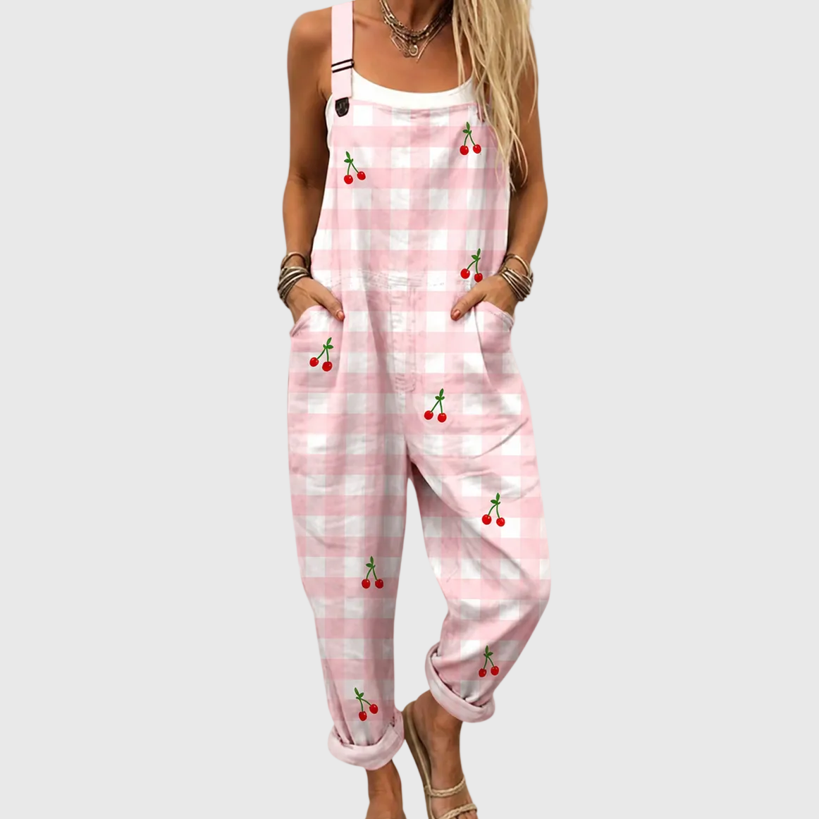 Sleeveless Gingham Cherry Print Overall Jumpsuit