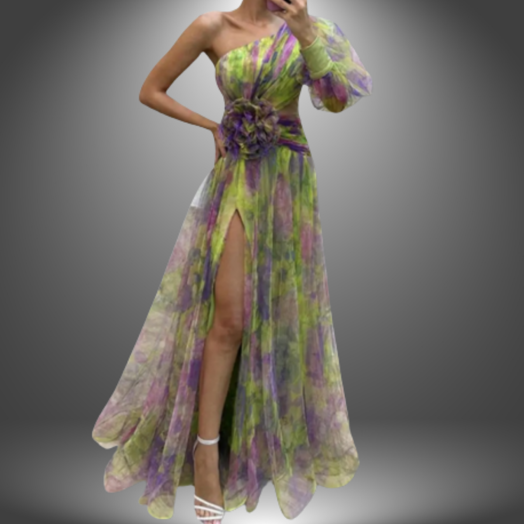 Watercolor Print One Shoulder Rosette Waist High Split Gown