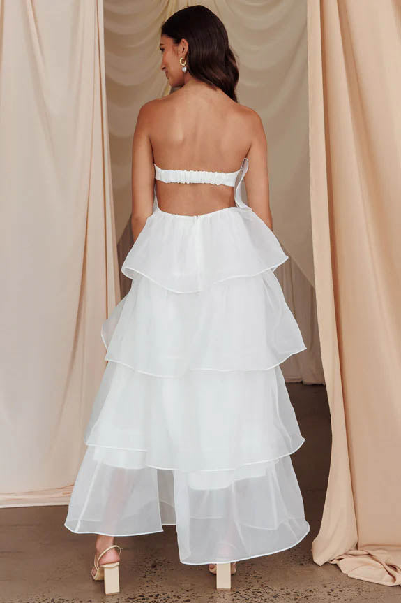 Strapless Backless Tiered Ruffle Organza Maxi Dress