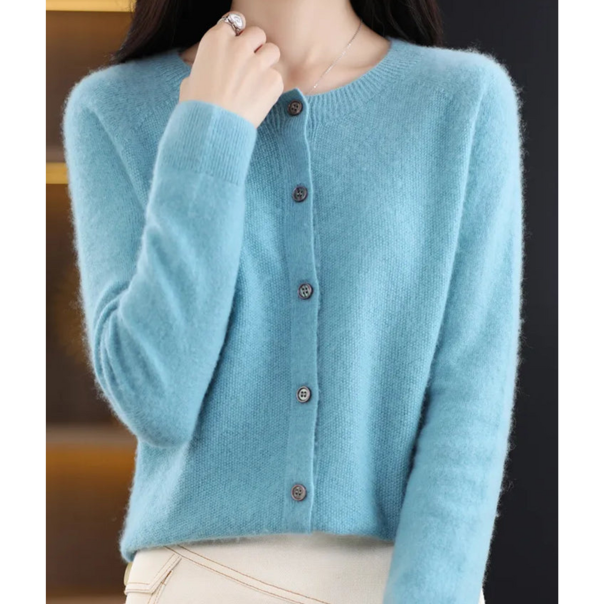 Round Neck Button Front Long Sleeve Knit Cardigan