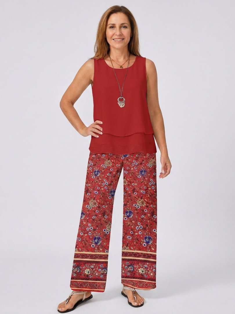 Sleeveless Layered Top and Floral Wide Leg Pants Two Piece Set