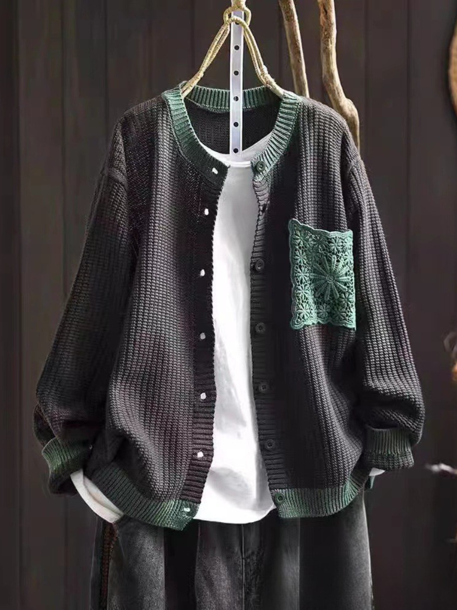 Round Neck Button Front Crochet Pocket Knit Cardigan