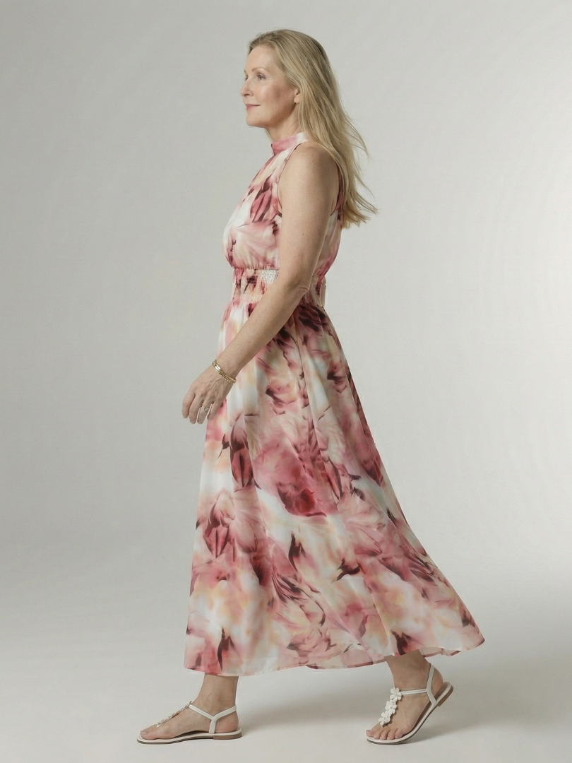 Halter Neck Sleeveless Tie Dye Smocked Waist Maxi Dress