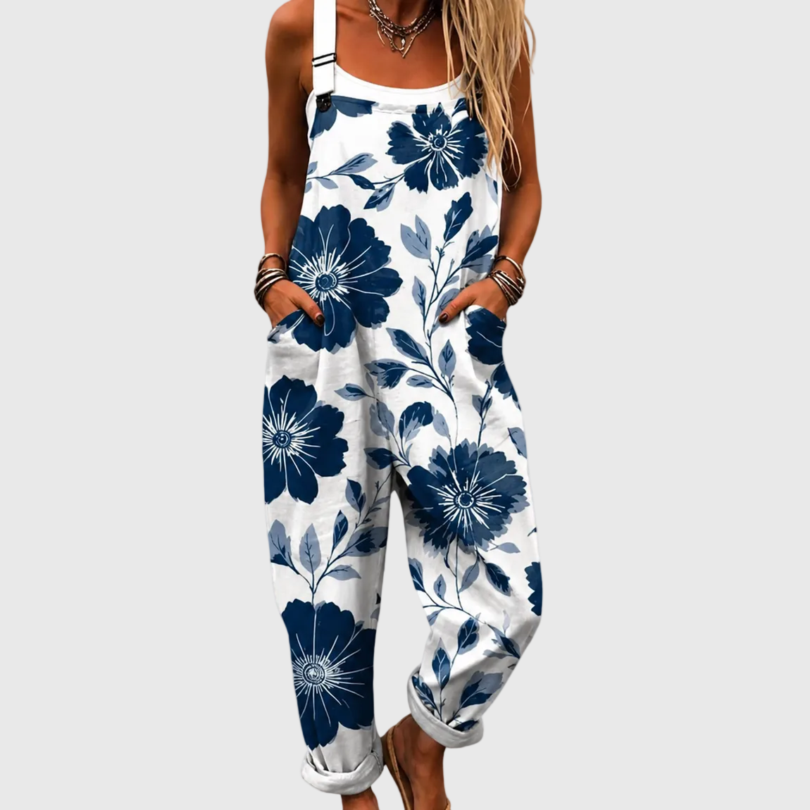Floral Print Sleeveless Wide Leg Overall Jumpsuit