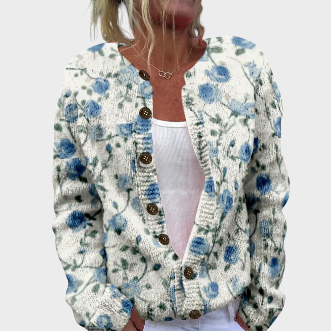 Floral Print Button Front Round Neck Knit Cardigan