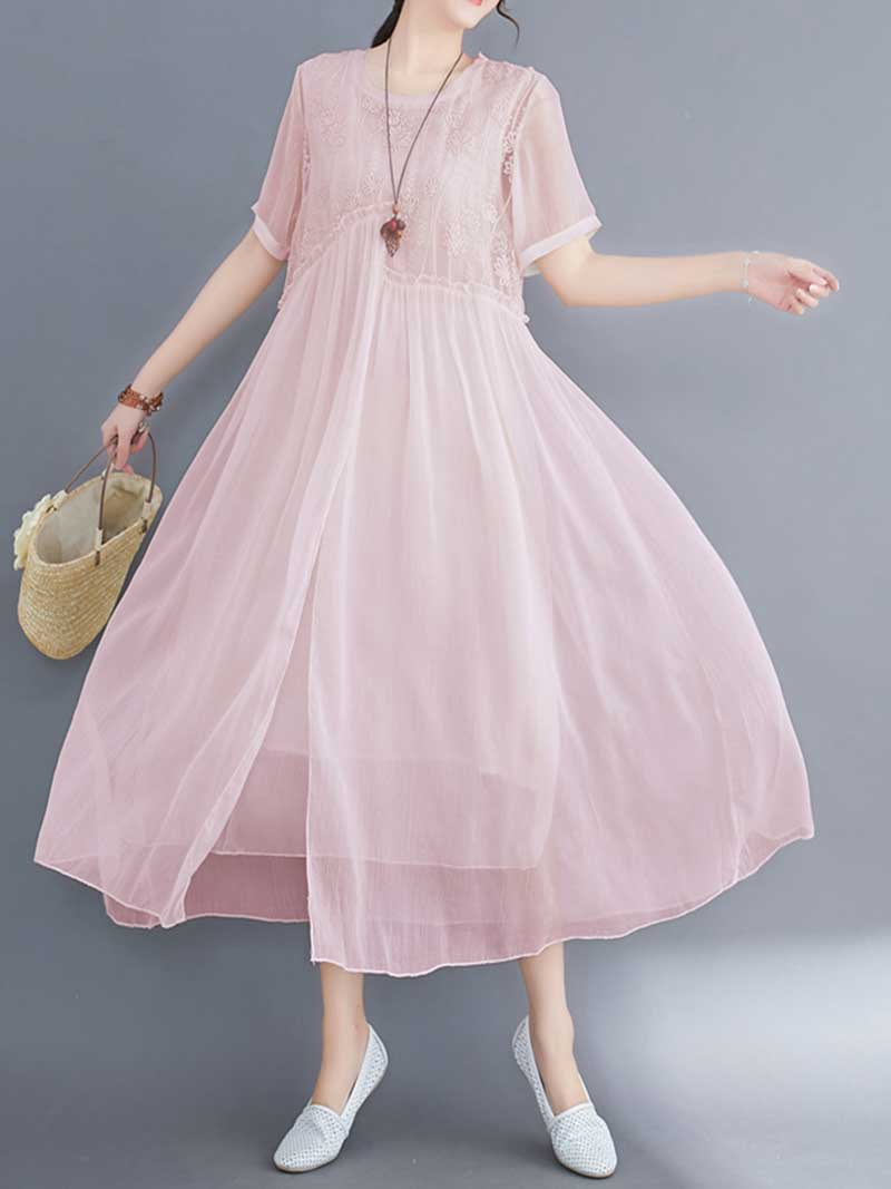Lace Bodice Sheer Overlay Empire Waist Handkerchief Hem Midi Dress